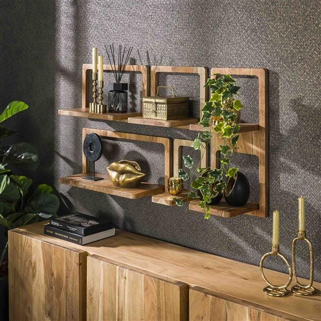 Estantería de pared de madera natural de acacia con un acabado elegante.