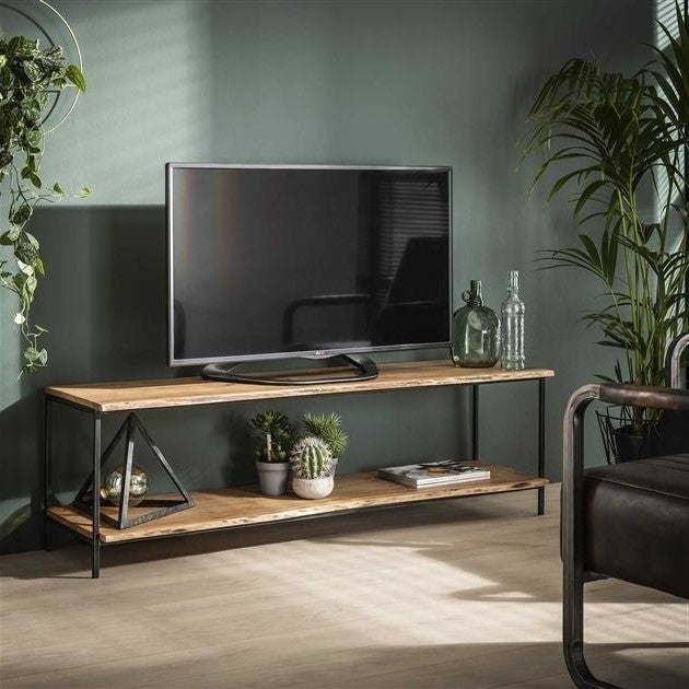 Soporte de TV industrial de madera de acacia con 2 bandejas