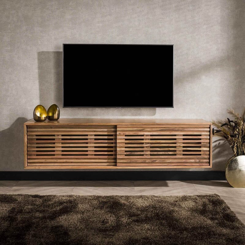 Una sala de estar moderna y sofisticada con el soporte de TV suspendido de madera de acacia