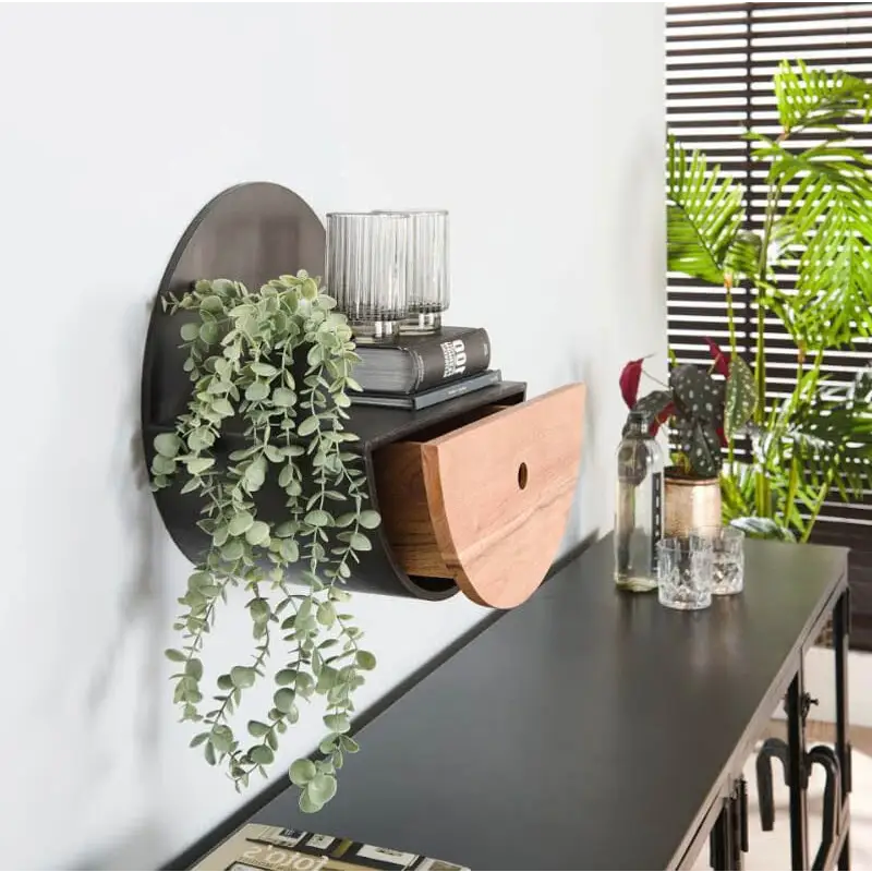 Estante Redondo de METAL Y MADERA de Pared con Cajón