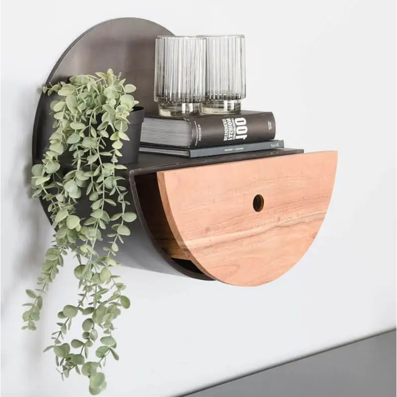 Estante Redondo de METAL Y MADERA de Pared con Cajón ABIERTO