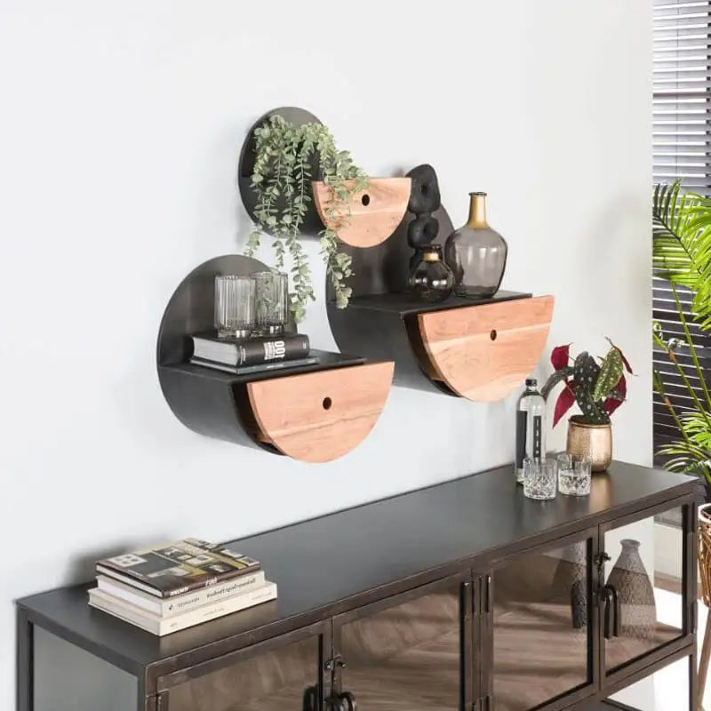 Estante RedondoS de METAL Y MADERA de Pared con Cajón