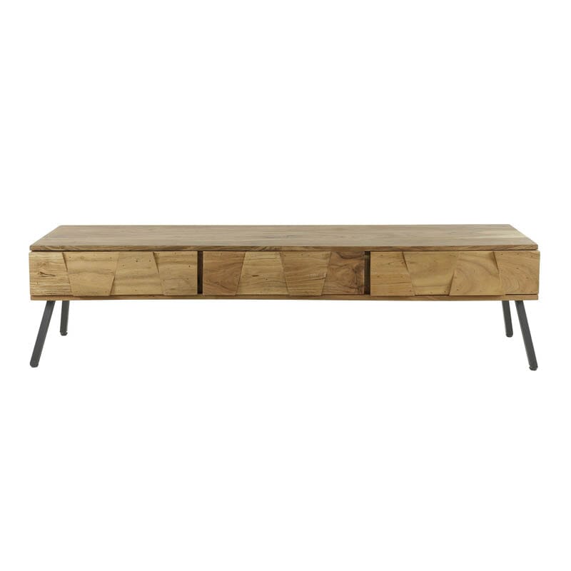 Soporte de TV de madera maciza de acacia con pantalla grande montada.