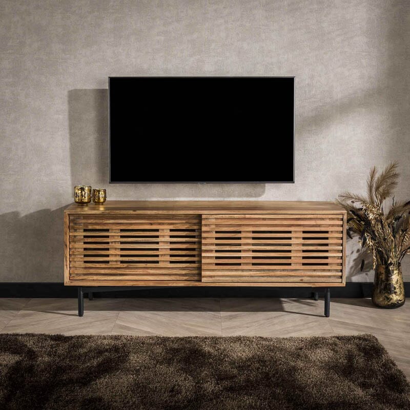 Soporte de TV de madera de acacia con 2 puertas, combinación de elegancia y funcionalidad