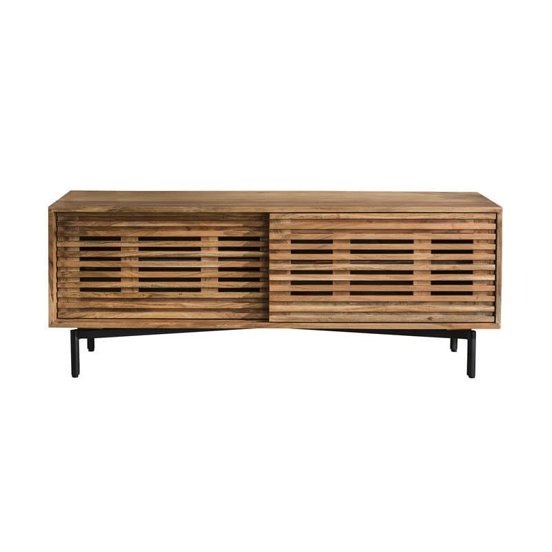 Soporte de TV de madera de acacia con 2 puertas, combinación de elegancia y funcionalidad Fondo Blanco