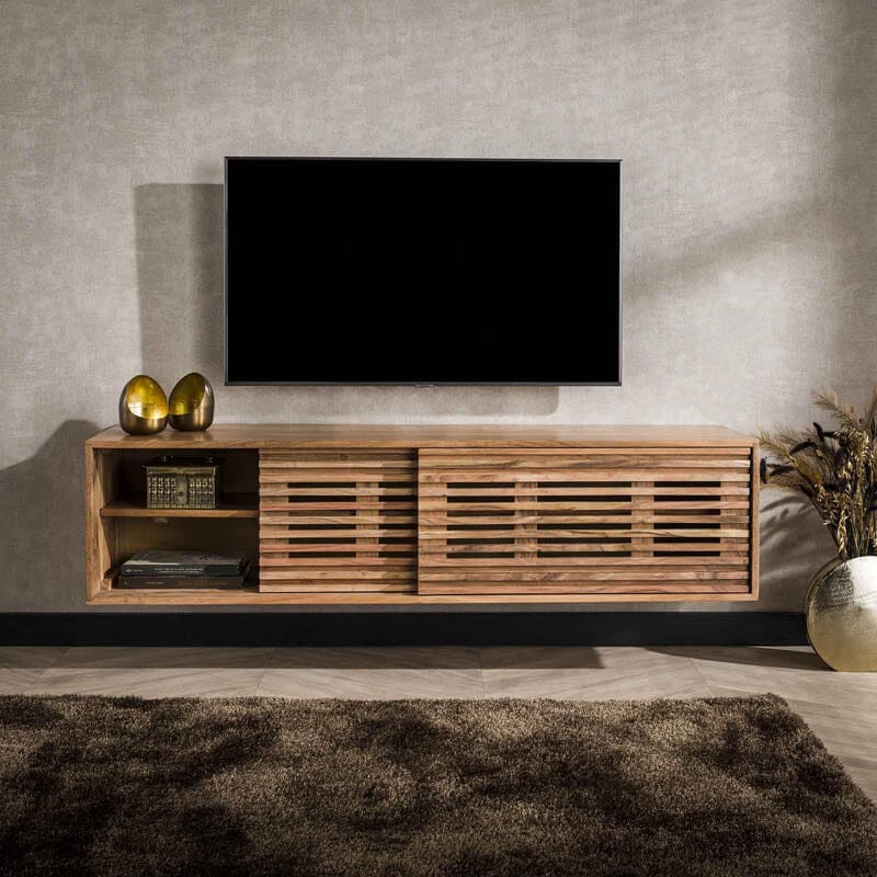 Un ambiente acogedor con el soporte de TV colgante de madera de acacia