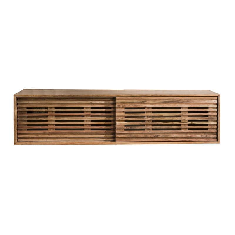 Una visión cercana del soporte de TV colgante de madera de acacia.