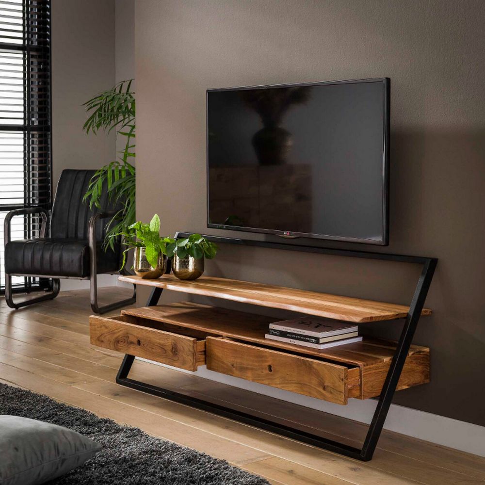  Mueble de TV de madera rústica con soporte de televisión con  parte superior ancha, 3 estantes abiertos y 3 agujeros para cables para  sala de estar, consola de TV multifuncional con