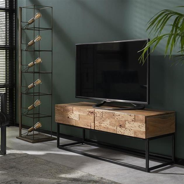 Mueble TV industrial de hierro y madera con estantes y cajones